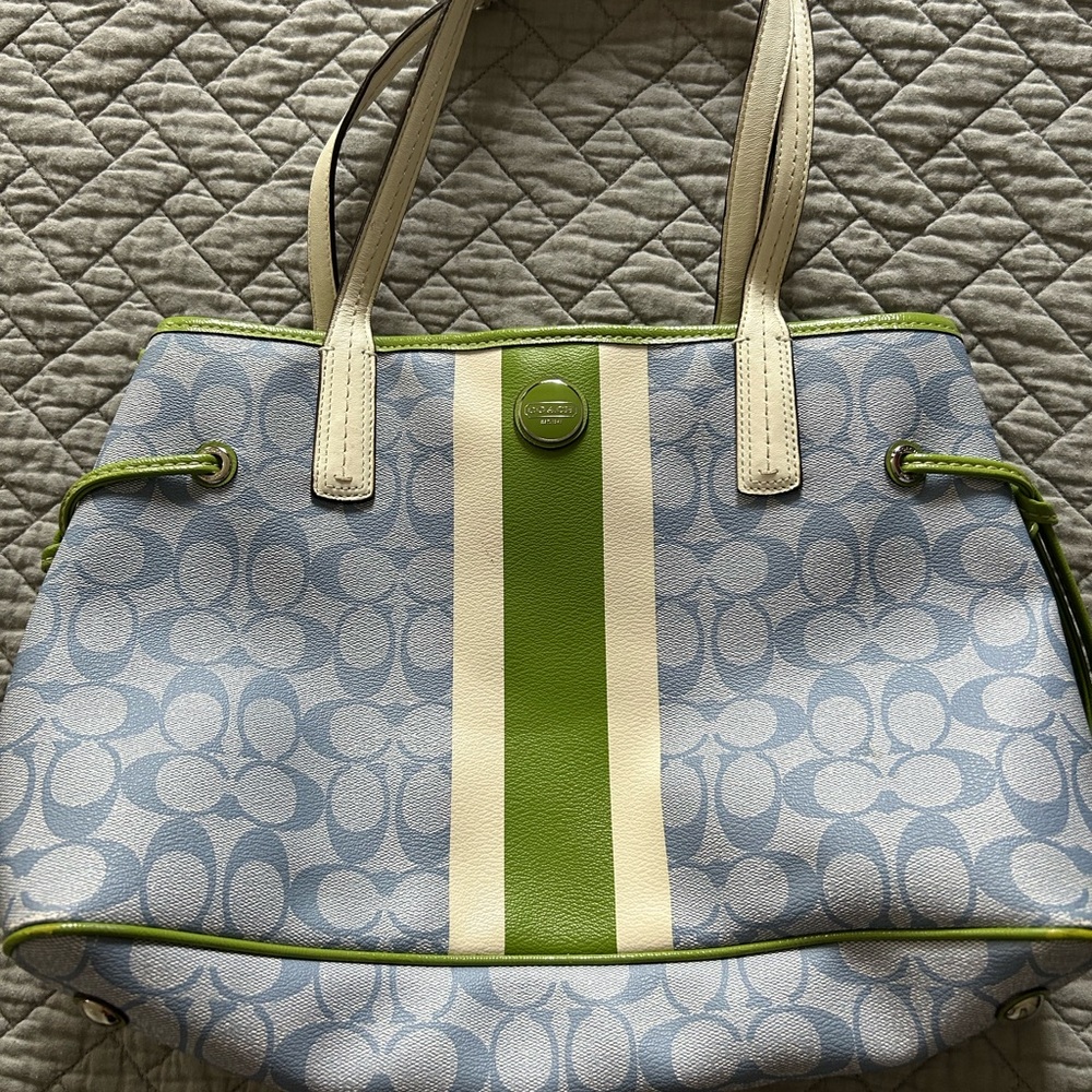 Coach Blue and Green Stripe Tote